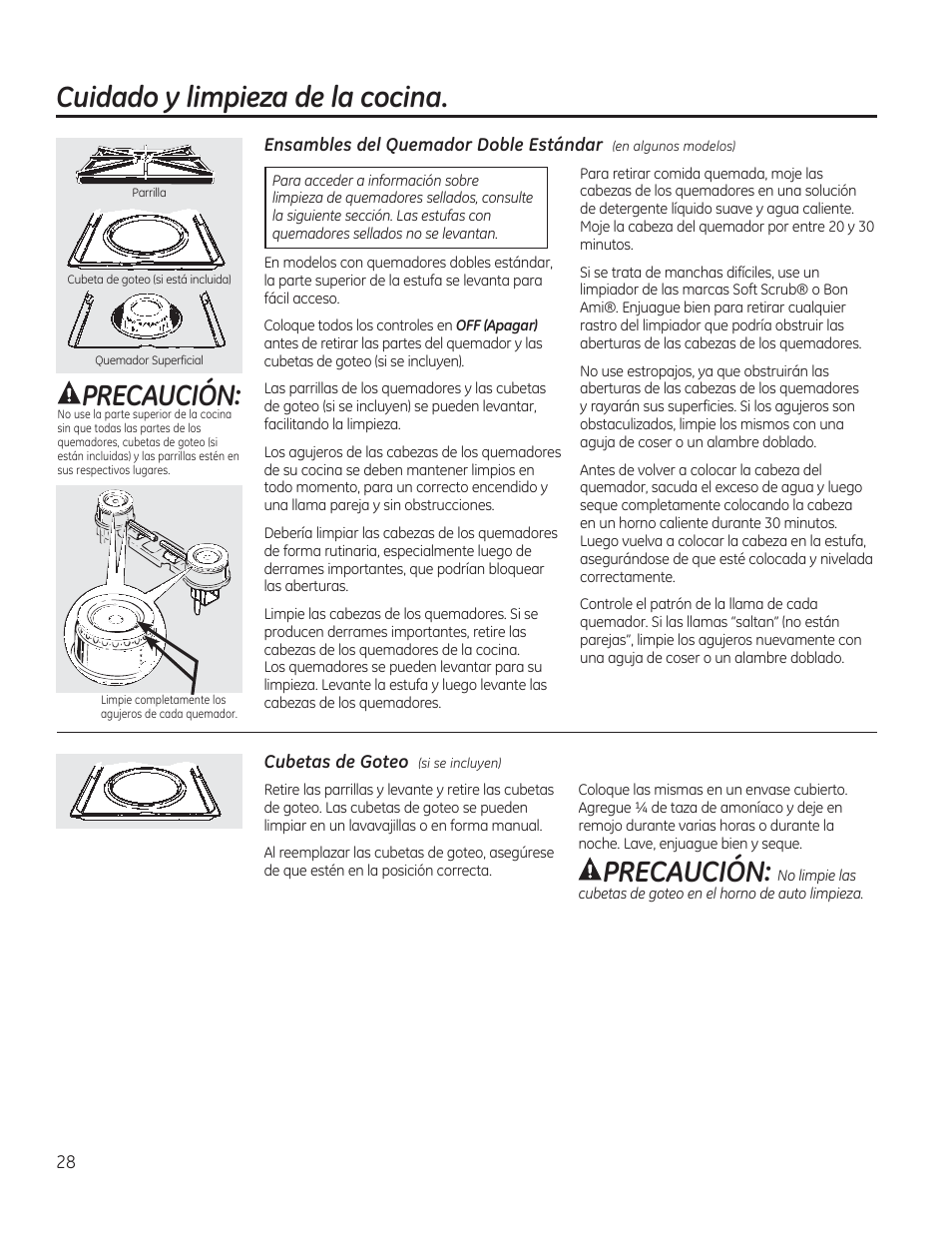 Cubetas de goteo (sise incluyen), Precaución, Cuidado y limpieza de la cocina | GE JGBP27DEMWW User Manual | Page 84 / 112