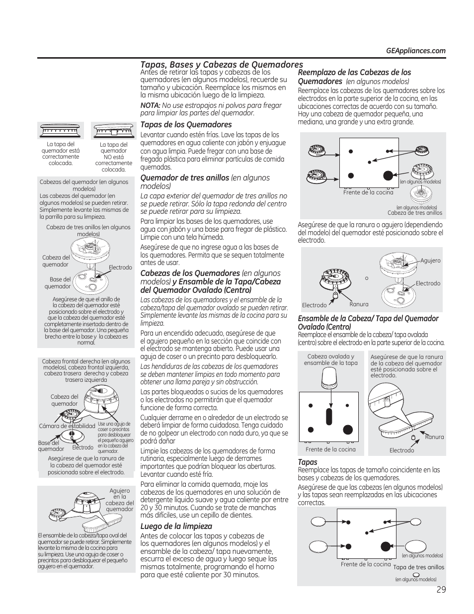 Tapas, bases y cabezas de quemadores, Quemadores, Reemplazo de las cabezas de los | Tapas de los quemadores, Quemador de tres anillos, Cabezas de los quemadores, Luego de la limpieza | GE JGBP27DEMWW User Manual | Page 85 / 112