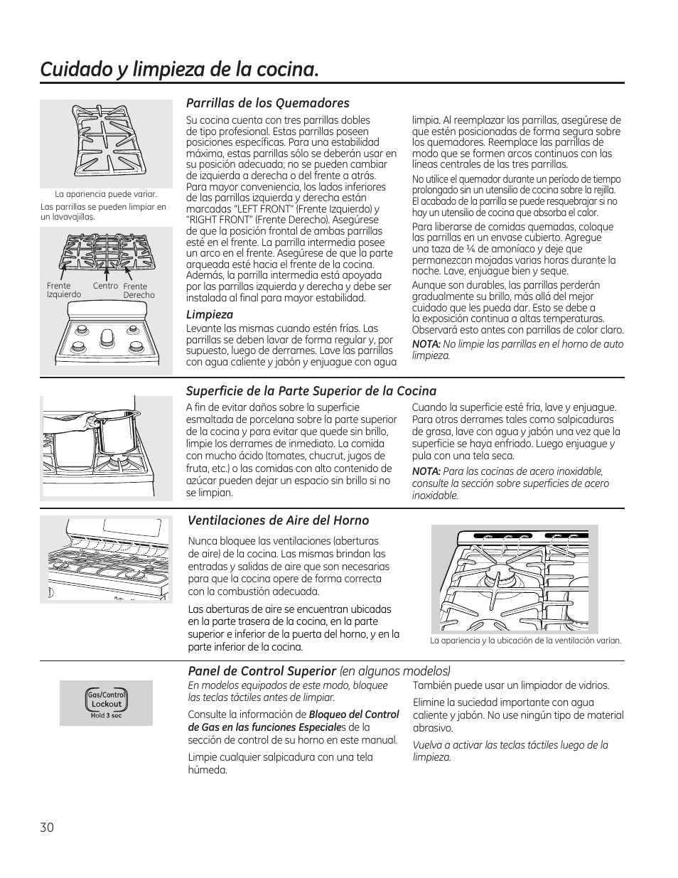 Parrillas de los quemadores, Superficie de la parte superior de la, Ventilaciones de aire del horno | Cuidado y limpieza de la cocina | GE JGBP27DEMWW User Manual | Page 86 / 112