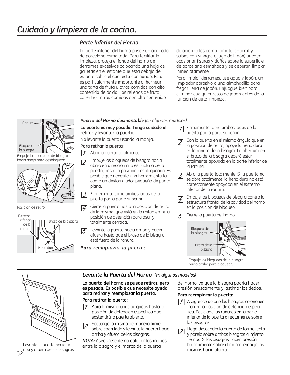 Parte inferior del horno, Legante la puerta del horno (en algunos modelos), Porte inferior del horno | Cuidado y limpieza de la cocina | GE JGBP27DEMWW User Manual | Page 88 / 112