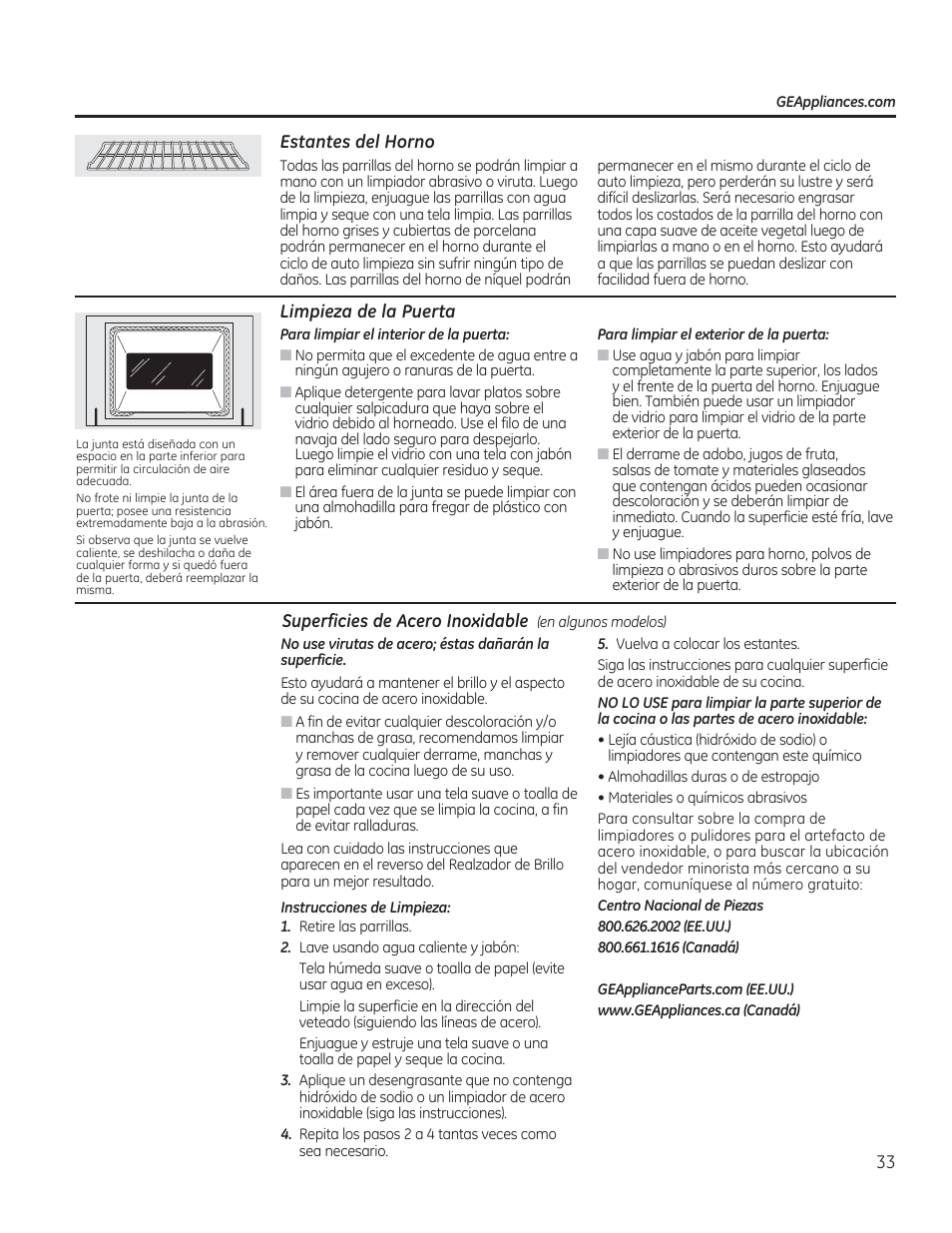 Estantes del horno, Limpieza de la puerta, Ventiladores del horno | GE JGBP27DEMWW User Manual | Page 89 / 112