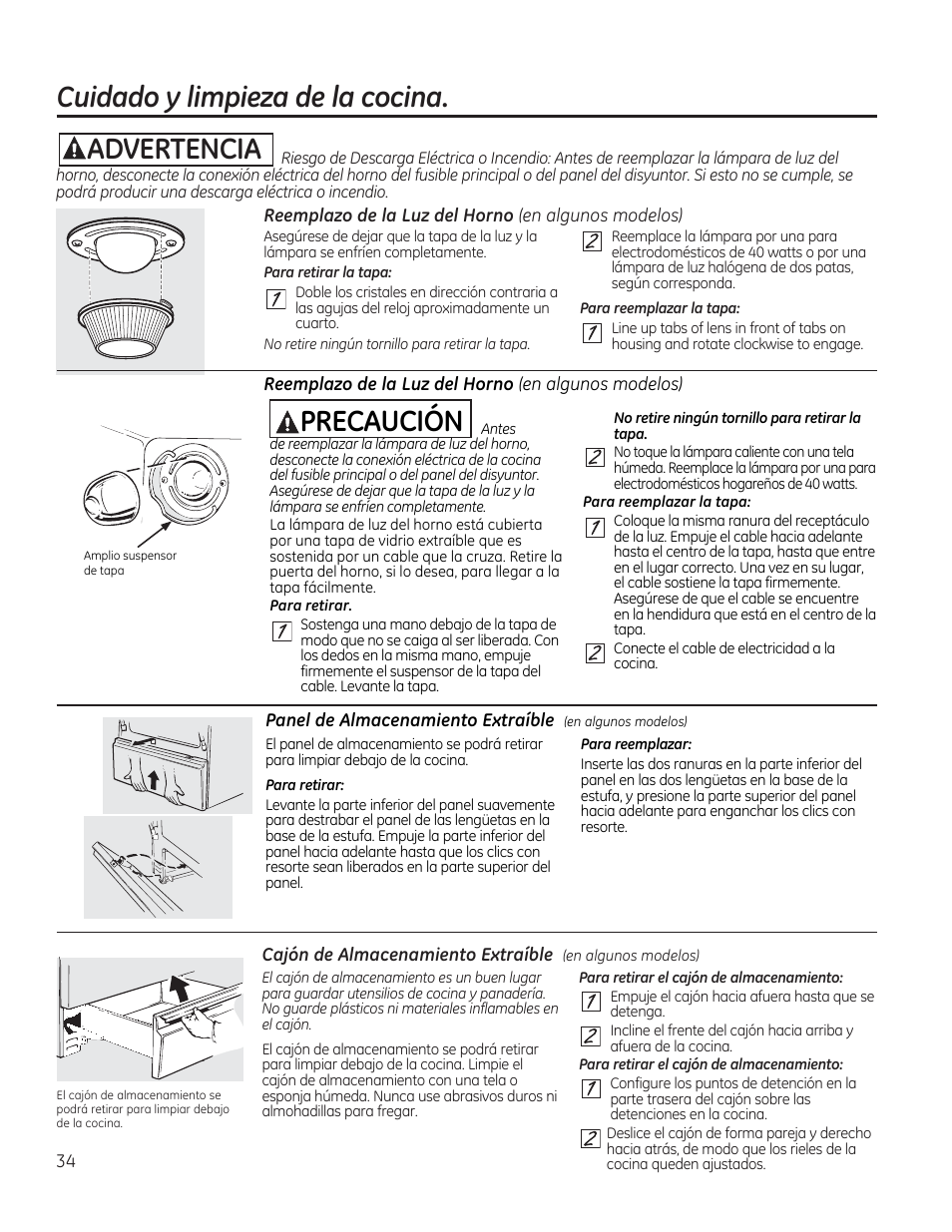 Reemplazo de la luz del horno (en algunos modelos), Aprecaucion, Ponel de almocenomiento extroíble | Cojón de almocenomiento extroíble, Aadvertencia, Cuidado y limpieza de la cocina | GE JGBP27DEMWW User Manual | Page 90 / 112