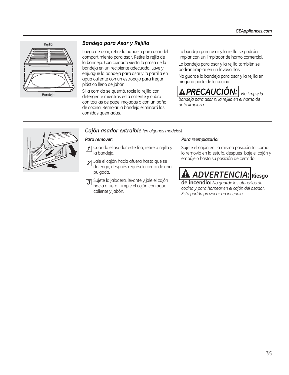 Bandeja para asar y rejilla, Cajón asador extraíble (en algunos modelos), Aprecaucion | Advertencia | GE JGBP27DEMWW User Manual | Page 91 / 112