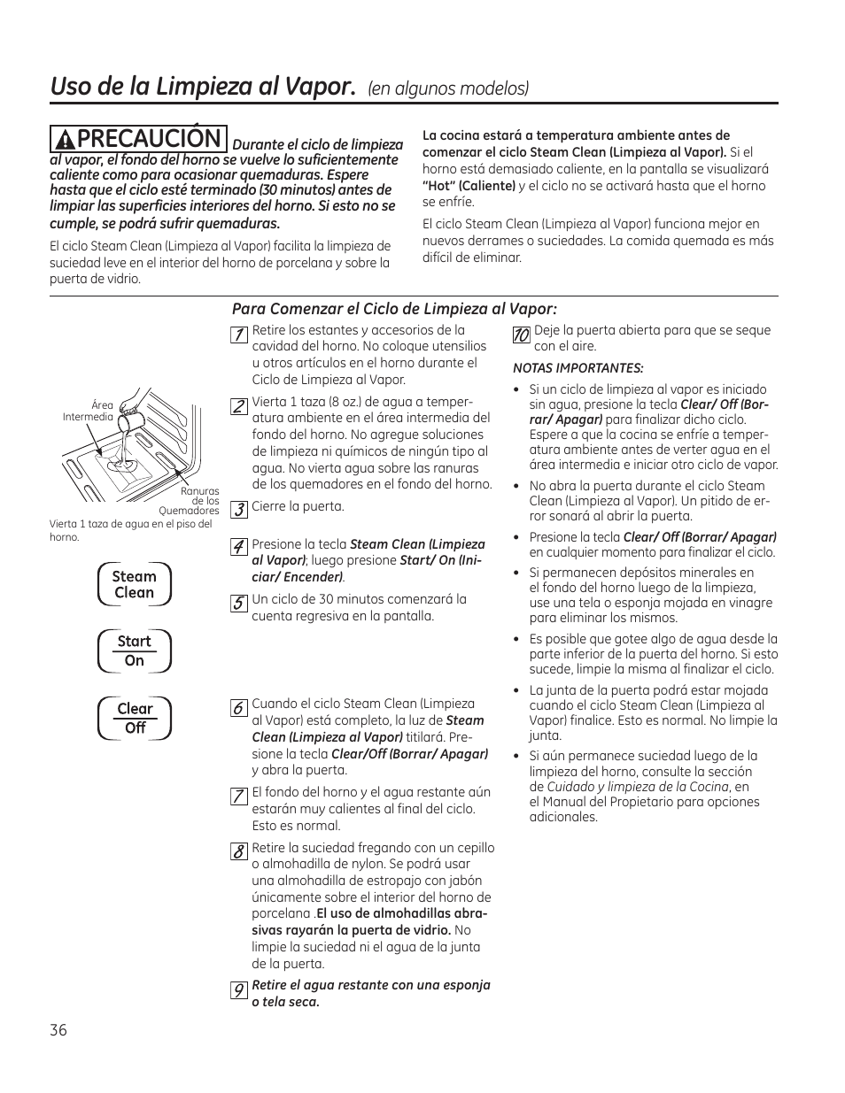 Uso de la limpieza al vapor, (en algunos modelos), Para comenzar el ciclo de limpieza al, Vapor | Uso de la limpieza al vapor, Aprecaucion, Steam ] clean | GE JGBP27DEMWW User Manual | Page 92 / 112