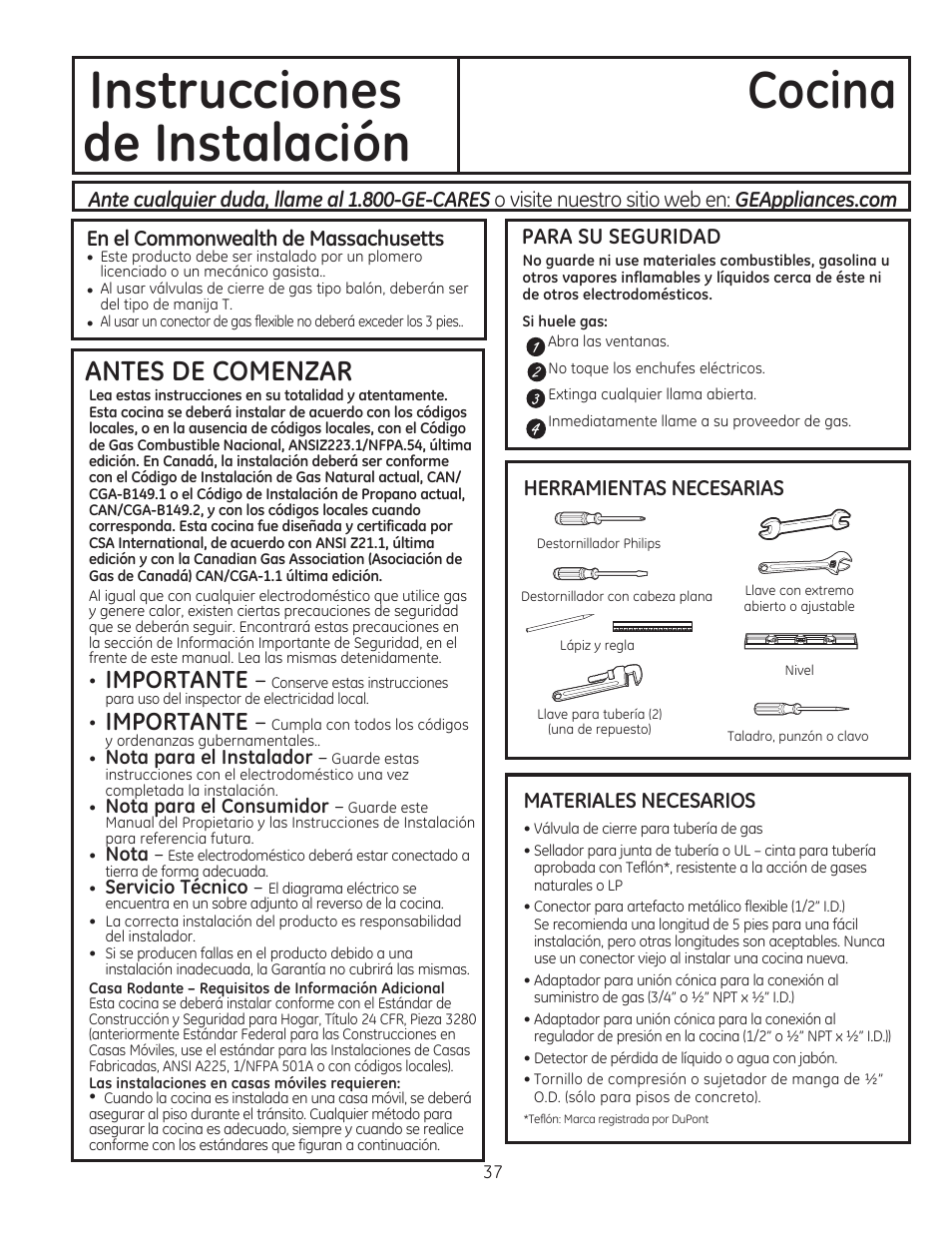 Para su seguridad, Materiales necesarios, Instrucciones cocina de instalación | Antes de comenzar, Importante | GE JGBP27DEMWW User Manual | Page 93 / 112