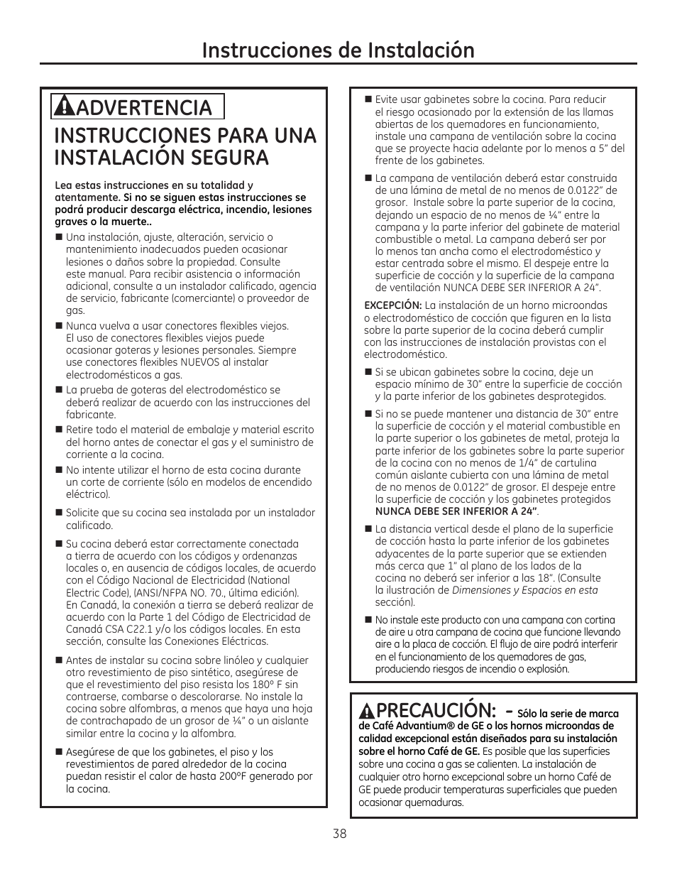 Instrucciones para una instalación segura, Instrucciones de instalación, A precaución | Advertencia | GE JGBP27DEMWW User Manual | Page 94 / 112