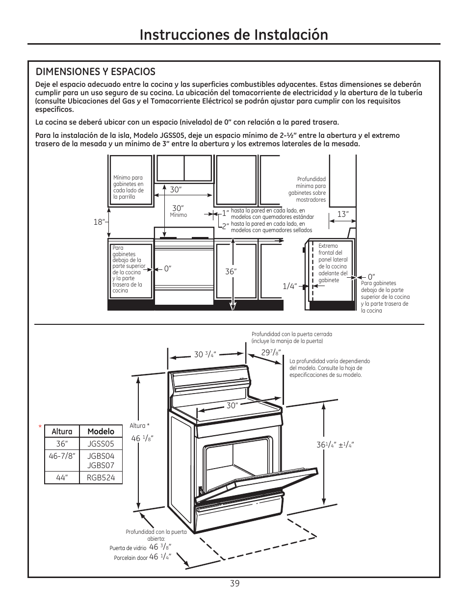 Dimensiones y espacios, Instrucciones de instalación | GE JGBP27DEMWW User Manual | Page 95 / 112