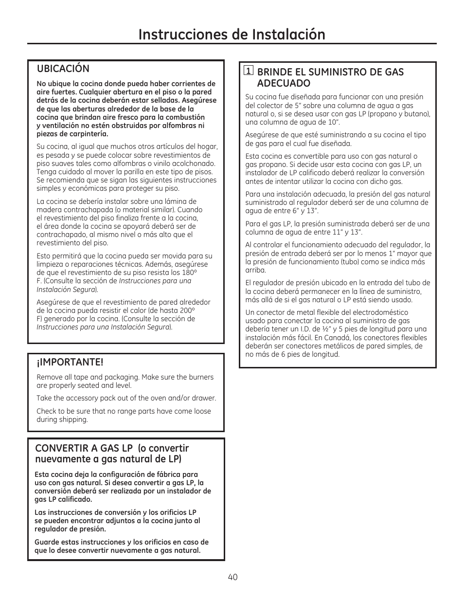 Ubicacion, Importante, N brinde el suministro de gas adecuado | Instrucciones de instalación | GE JGBP27DEMWW User Manual | Page 96 / 112