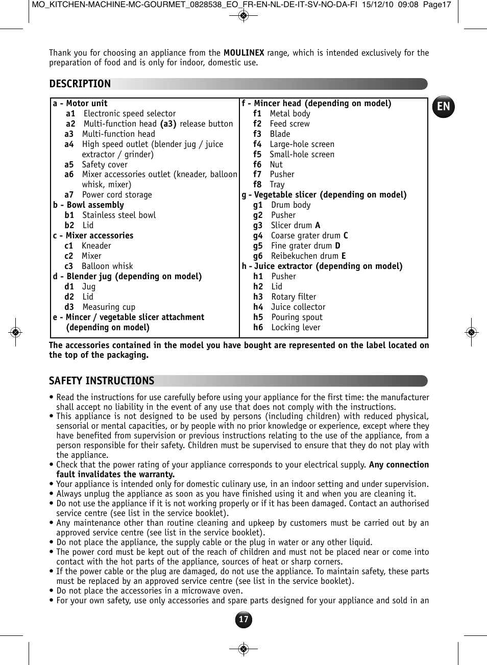 Description, Safety instructions | Moulinex MASTERCHEF GOURMET QA402G User Manual | Page 13 / 82