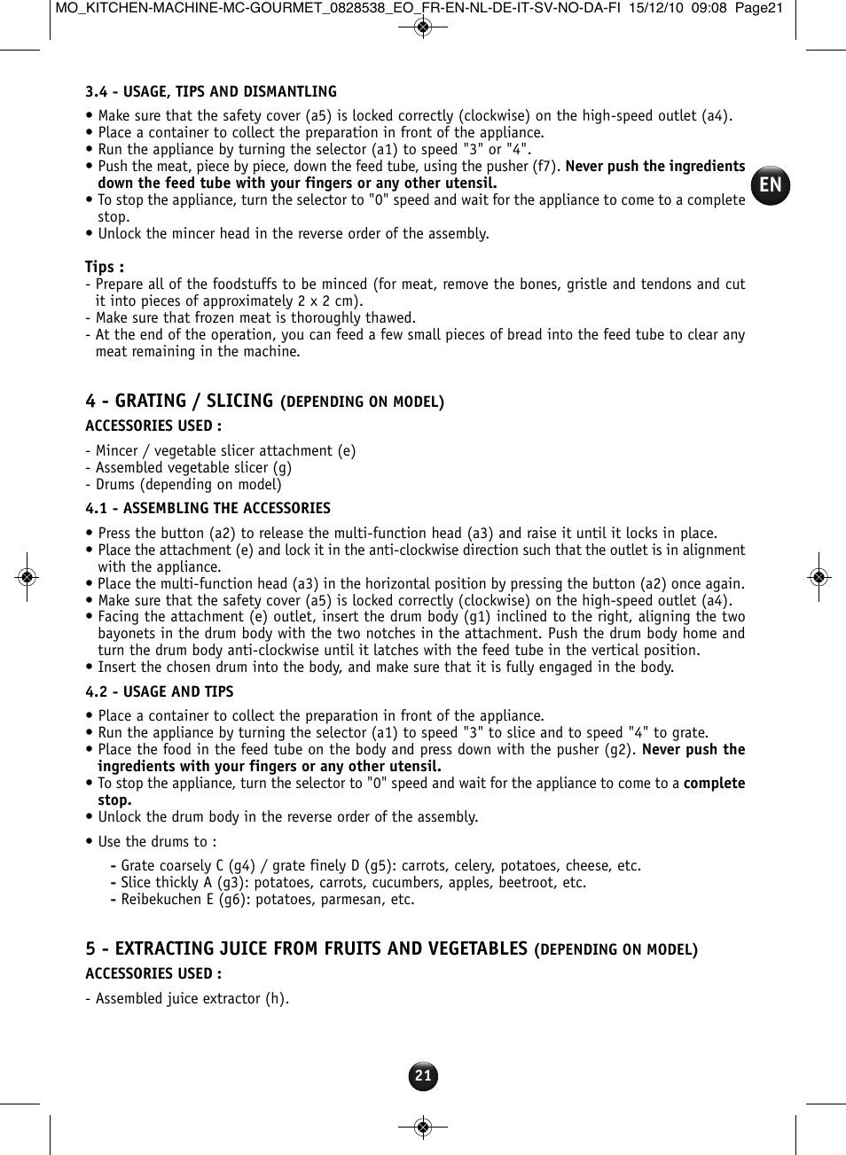 4 - grating / slicing, 5 - extracting juice from fruits and vegetables | Moulinex MASTERCHEF GOURMET QA402G User Manual | Page 17 / 82