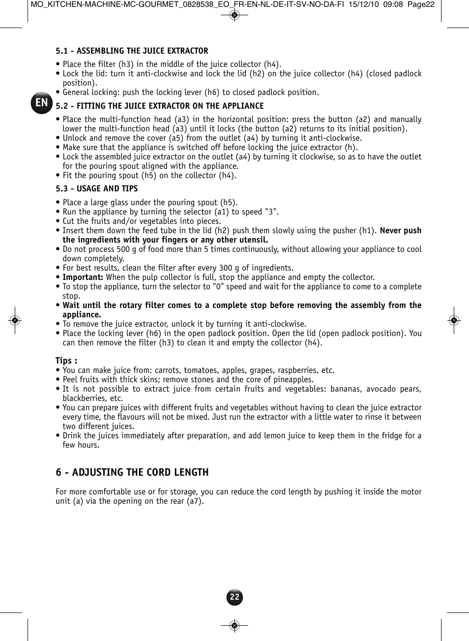6 - adjusting the cord length | Moulinex MASTERCHEF GOURMET QA402G User Manual | Page 18 / 82