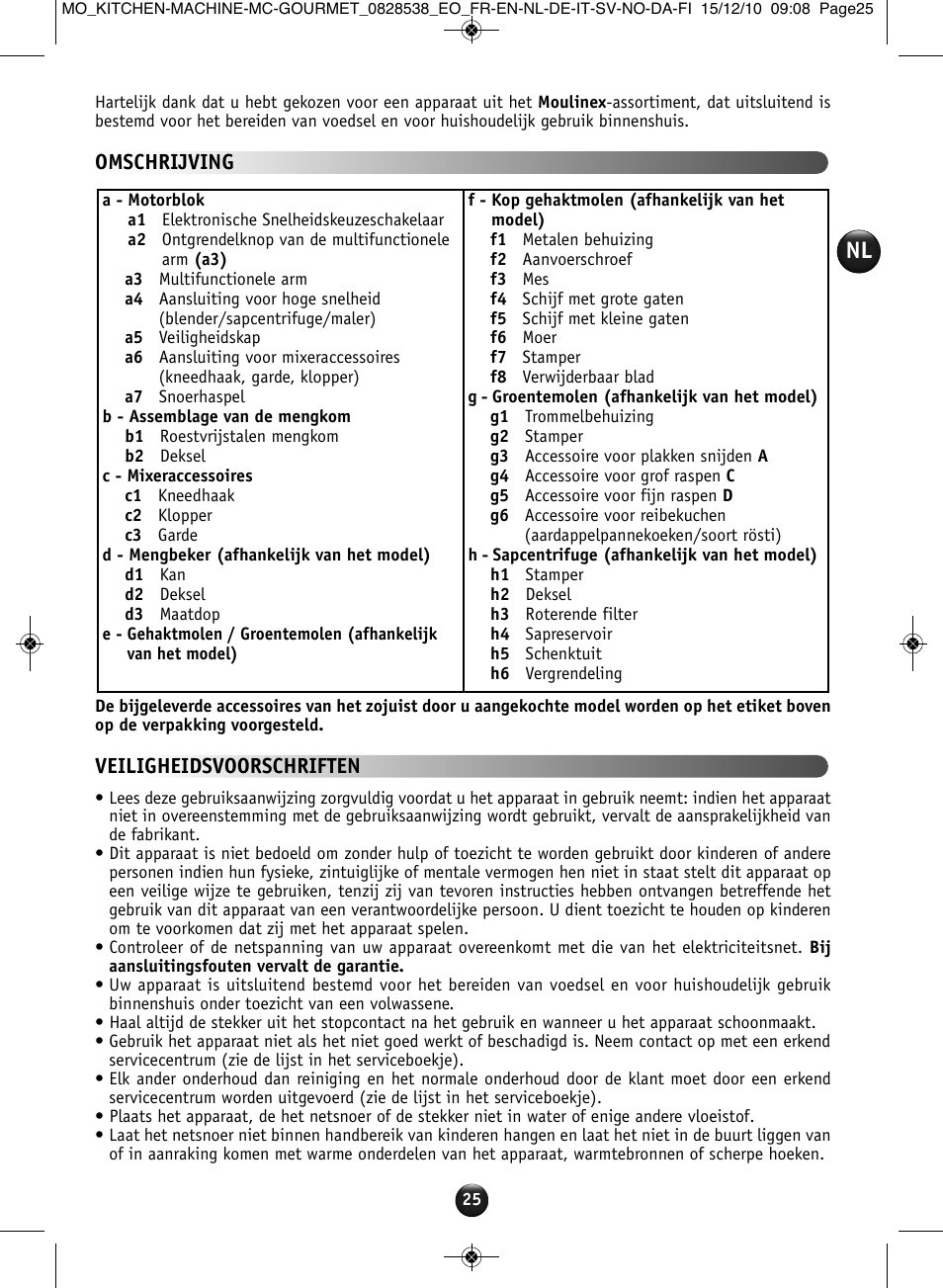 Omschrijving, Veiligheidsvoorschriften | Moulinex MASTERCHEF GOURMET QA402G User Manual | Page 21 / 82