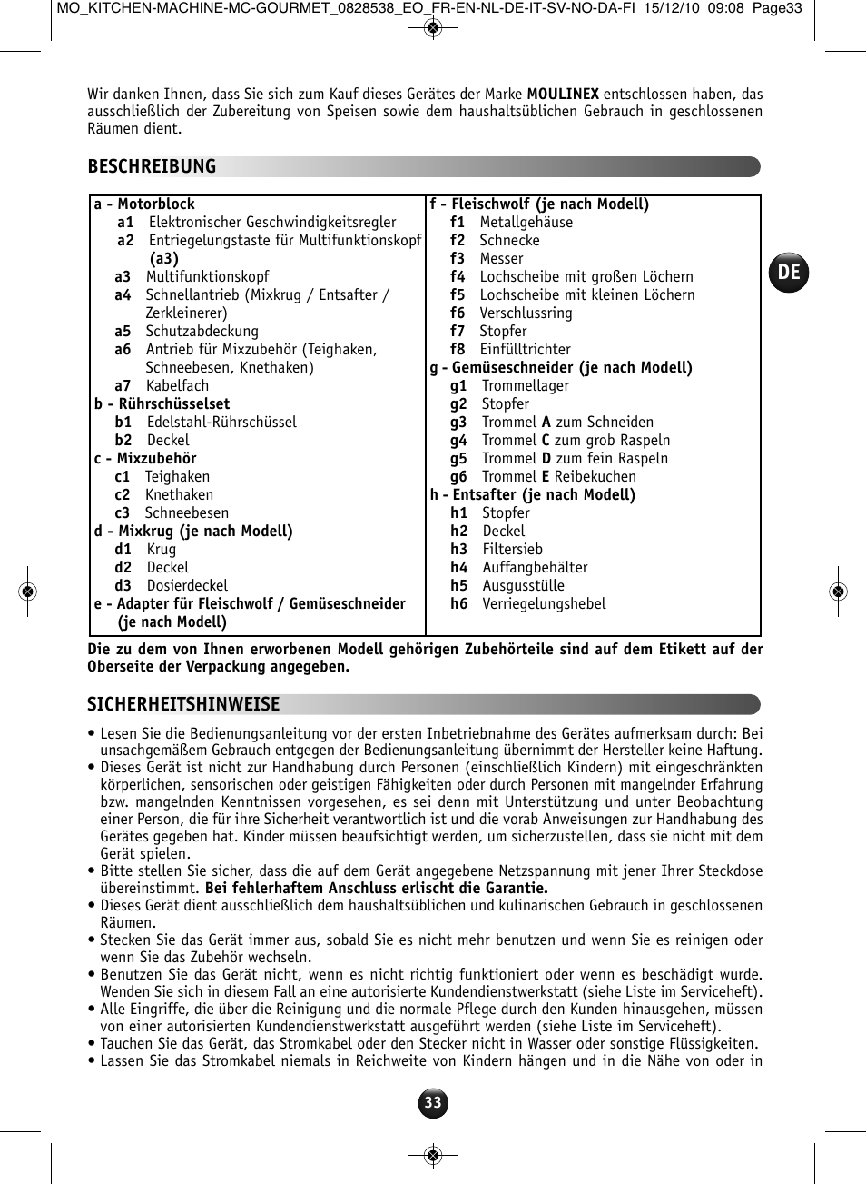 Beschreibung, Sicherheitshinweise | Moulinex MASTERCHEF GOURMET QA402G User Manual | Page 29 / 82
