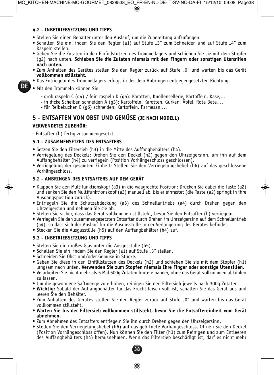 5 - entsaften von obst und gemüse | Moulinex MASTERCHEF GOURMET QA402G User Manual | Page 34 / 82