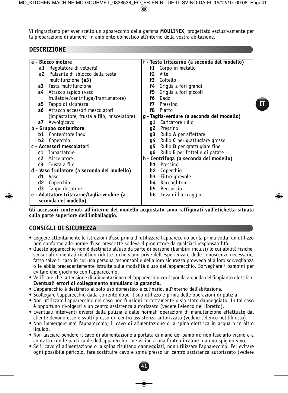 Descrizione, Consigli di sicurezza | Moulinex MASTERCHEF GOURMET QA402G User Manual | Page 37 / 82