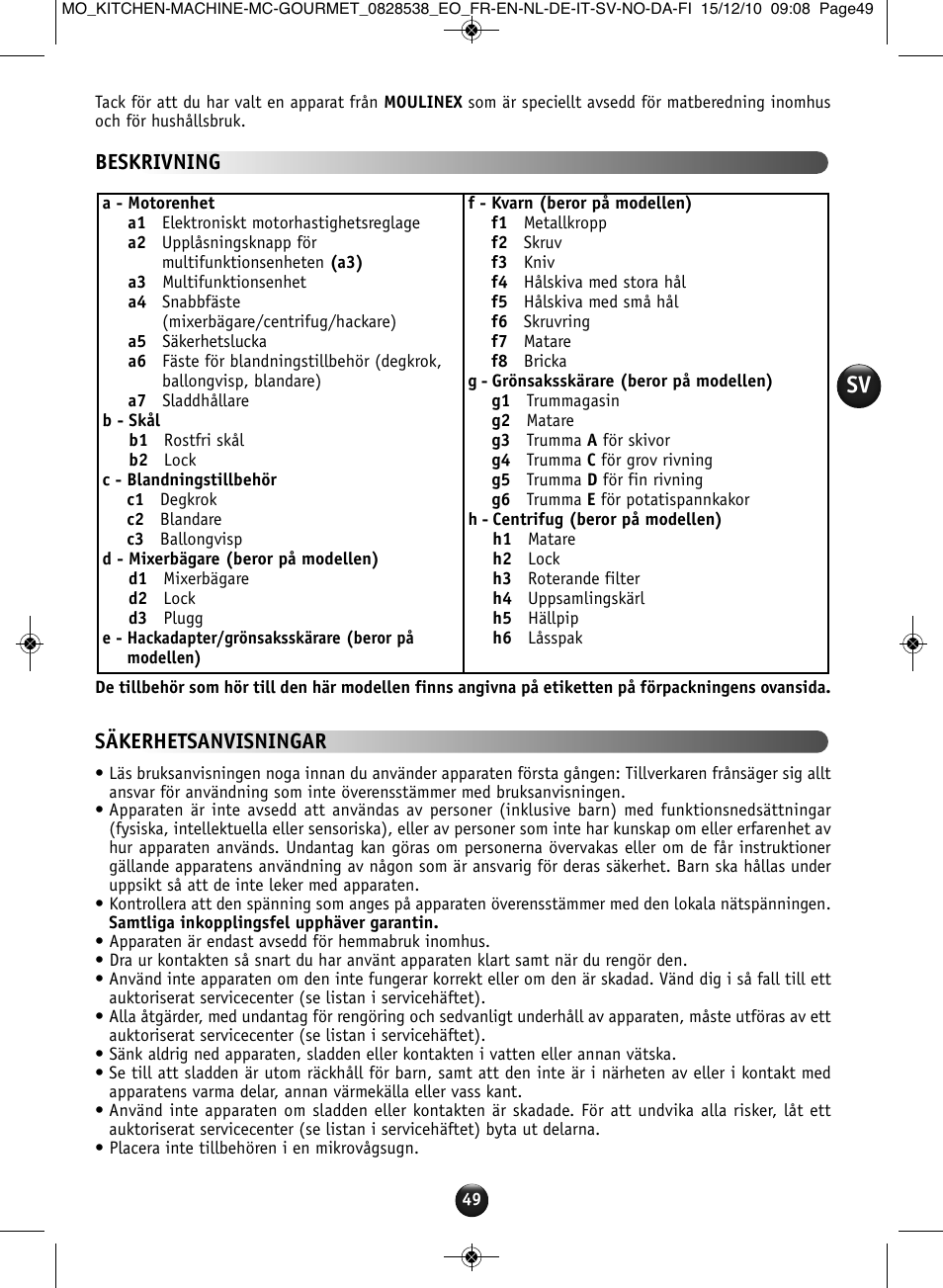 Beskrivning, Säkerhetsanvisningar | Moulinex MASTERCHEF GOURMET QA402G User Manual | Page 45 / 82