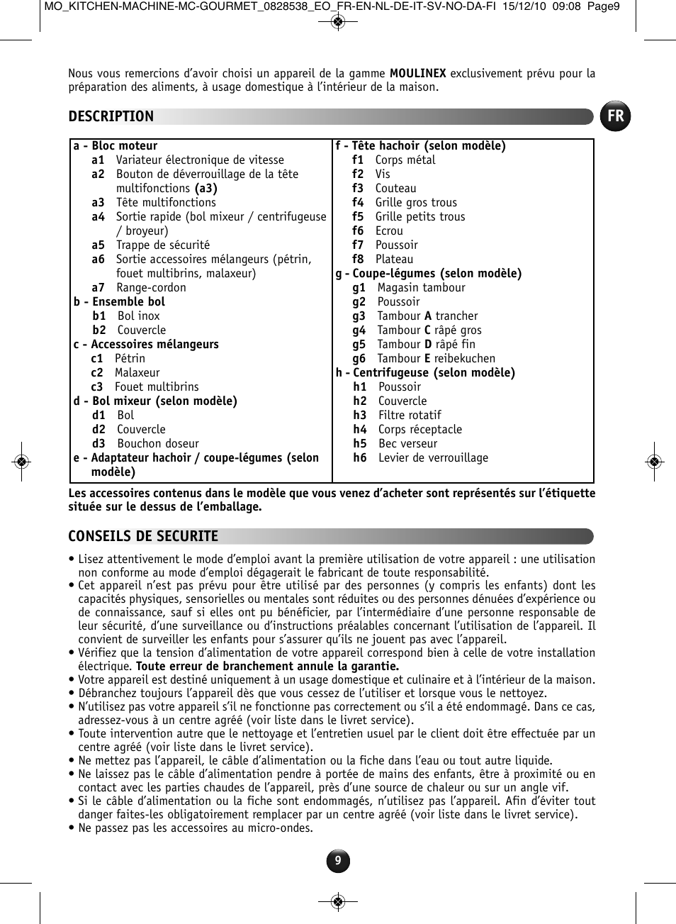 Description, Conseils de securite | Moulinex MASTERCHEF GOURMET QA402G User Manual | Page 5 / 82
