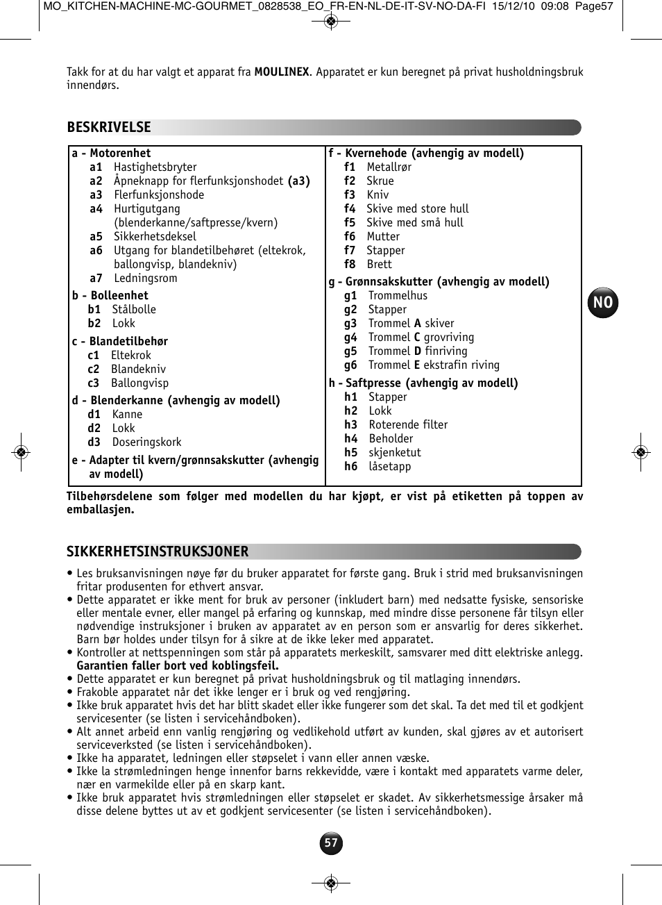 Beskrivelse, Sikkerhetsinstruksjoner | Moulinex MASTERCHEF GOURMET QA402G User Manual | Page 53 / 82