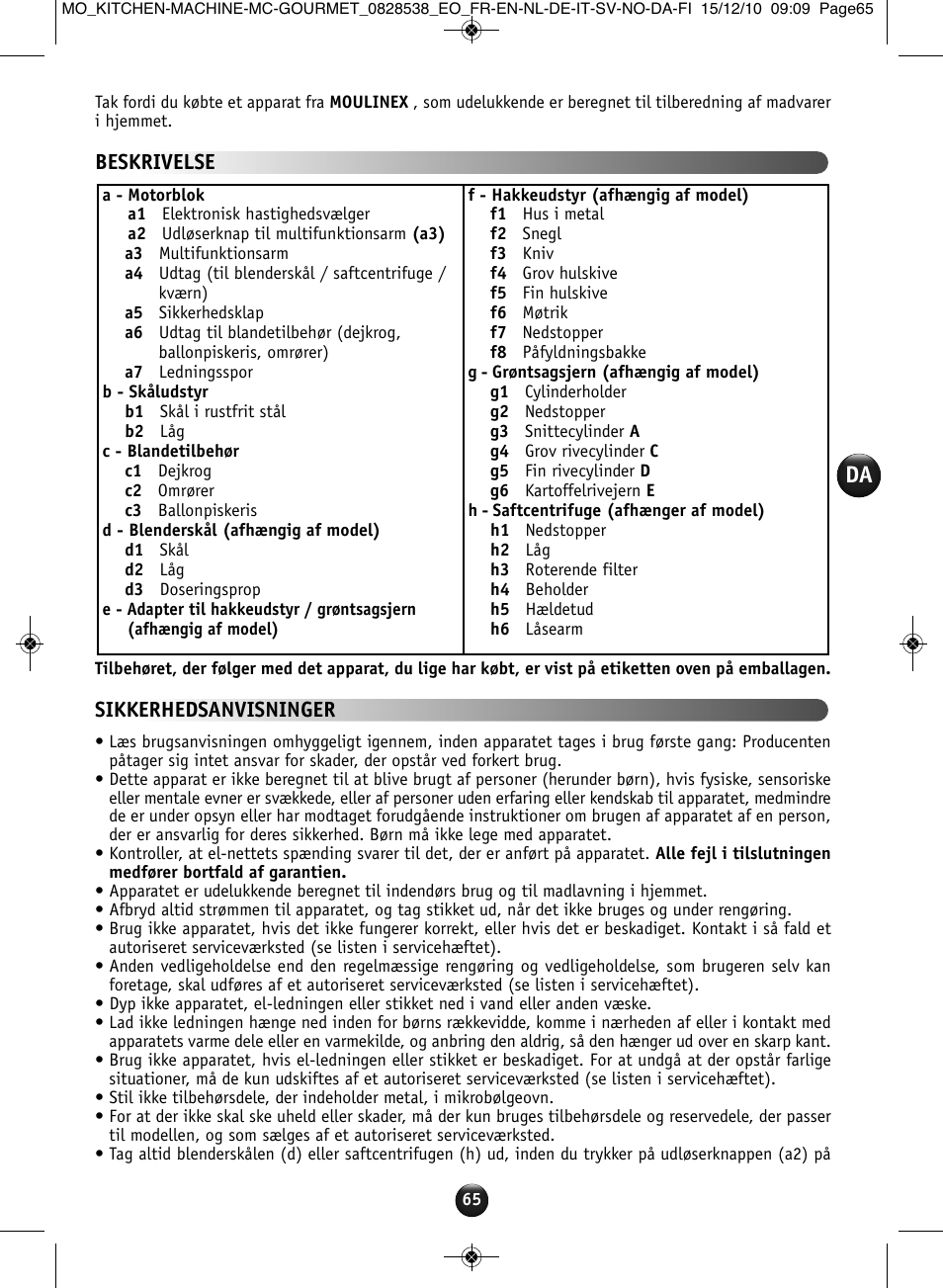 Beskrivelse, Sikkerhedsanvisninger | Moulinex MASTERCHEF GOURMET QA402G User Manual | Page 61 / 82