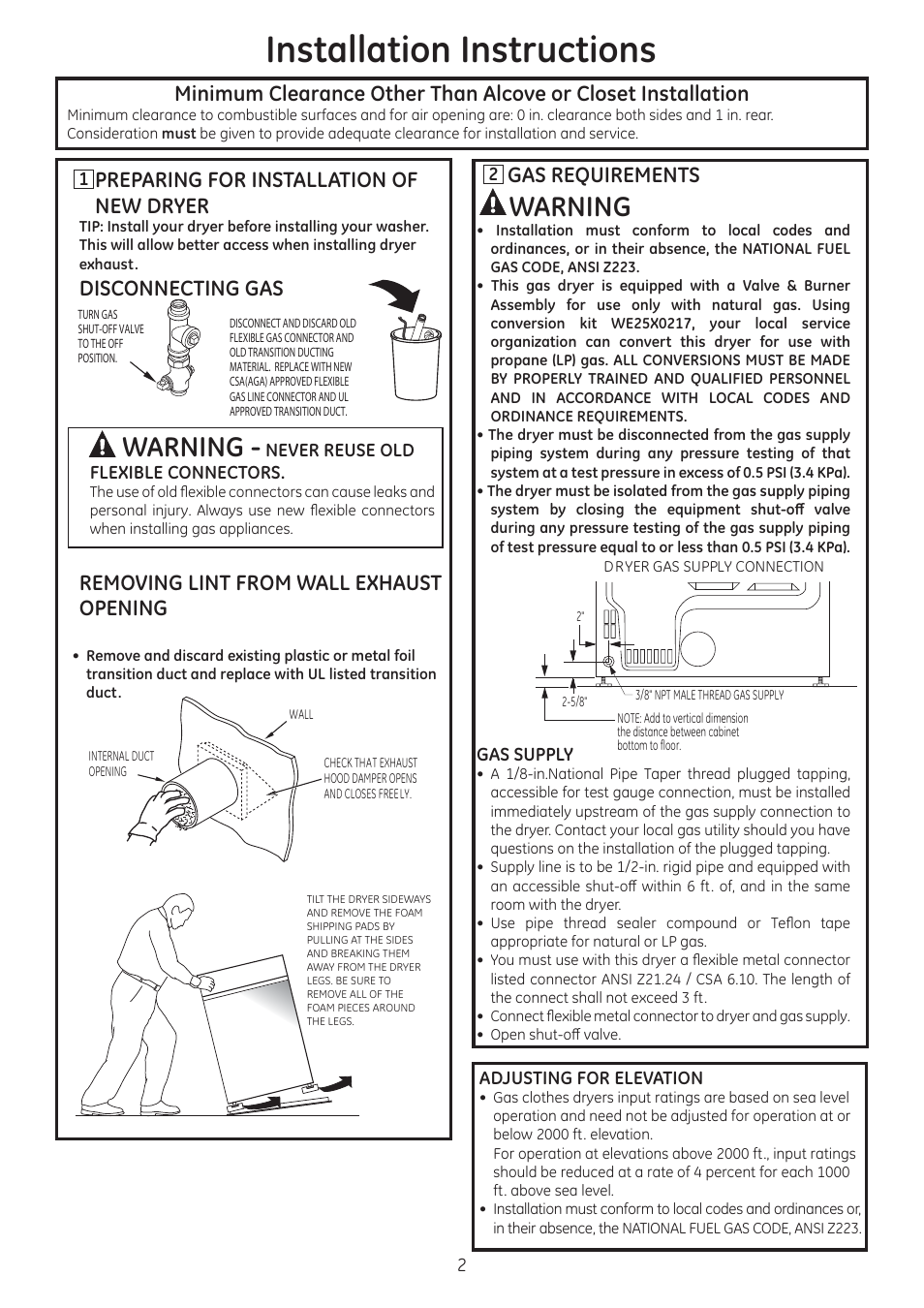 Installation instructions, Warning, Gas requirements | Preparing for installation of new dryer | GE GTDN550GDWW User Manual | Page 2 / 12