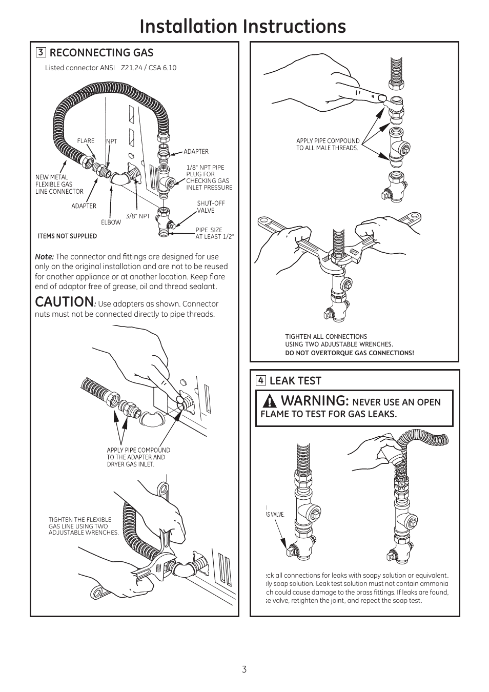 Installation instructions, Caution, Warning | Leak test, Reconnecting gas | GE GTDN550GDWW User Manual | Page 3 / 12