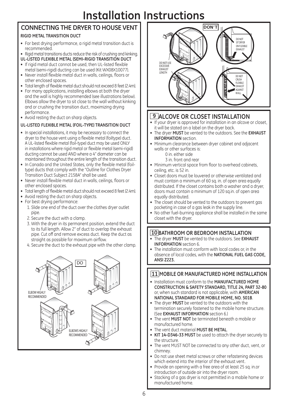 Installation instructions | GE GTDN550GDWW User Manual | Page 6 / 12