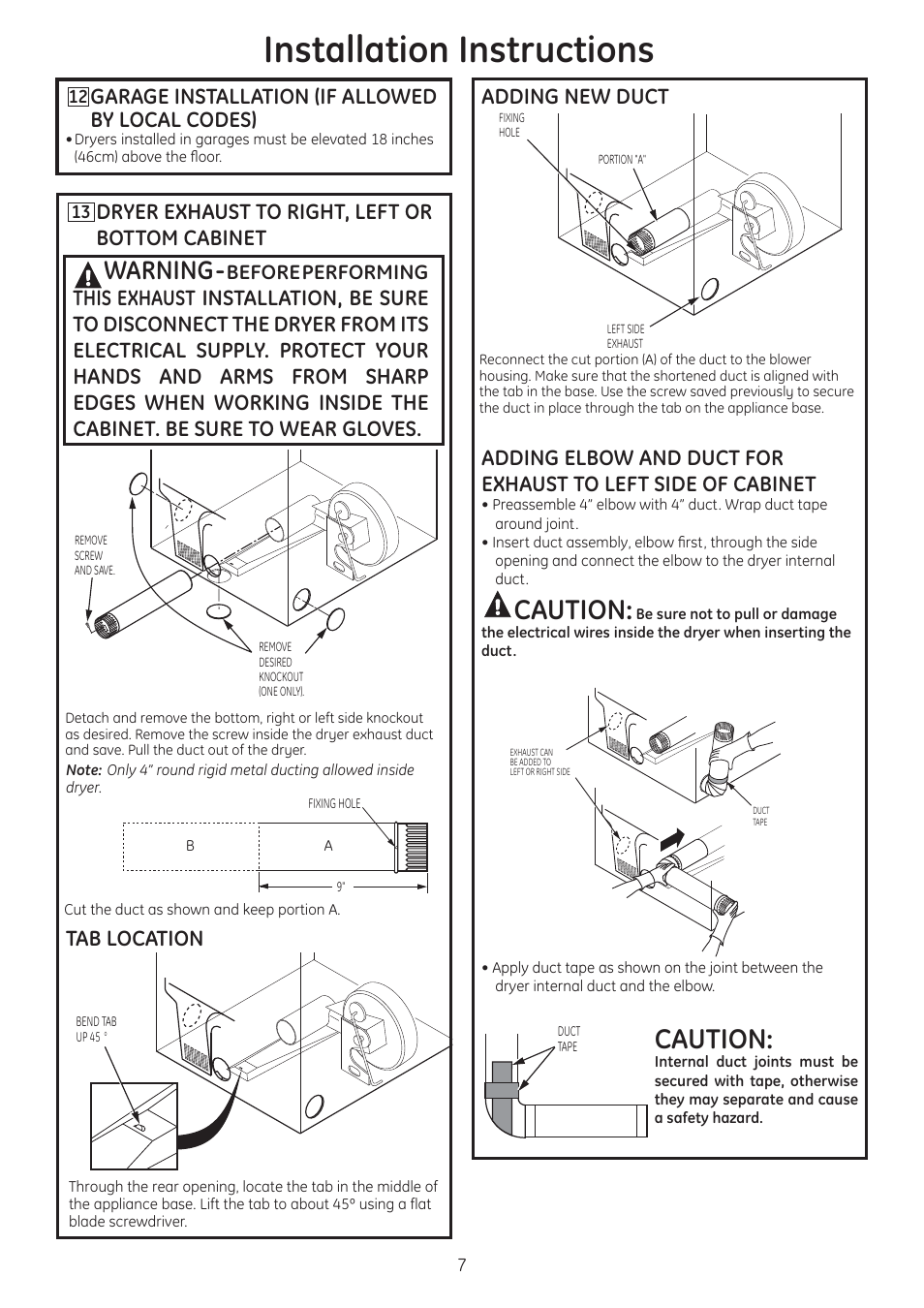 Installation instructions, Caution, Tab location | Garage installation (if allowed %</2&$/&2'(6 | GE GTDN550GDWW User Manual | Page 7 / 12