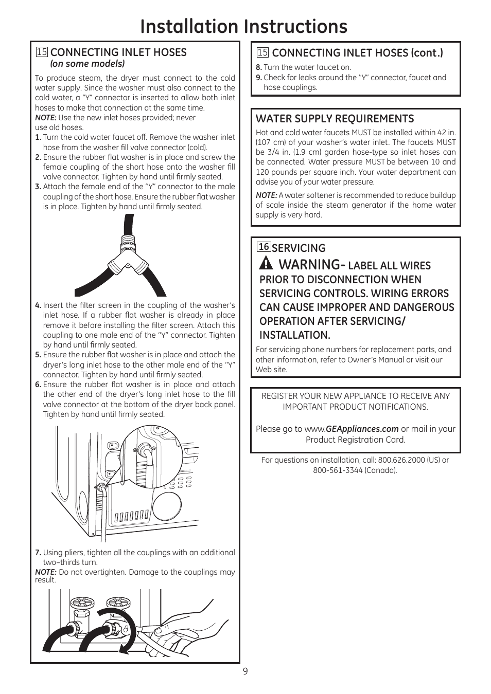 Installation instructions, Water supply requirements, Connecting inlet hoses | GE GTDN550GDWW User Manual | Page 9 / 12