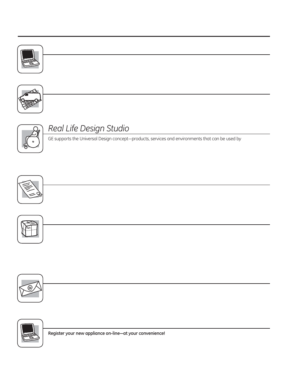 Consumer support. ge appliances website, Schedule service, 5hdo/lih'hvljq6wxglr | Extended warranties, Parts and accessories, Contact us, Register your appliance | GE JRP28SKSS User Manual | Page 24 / 24