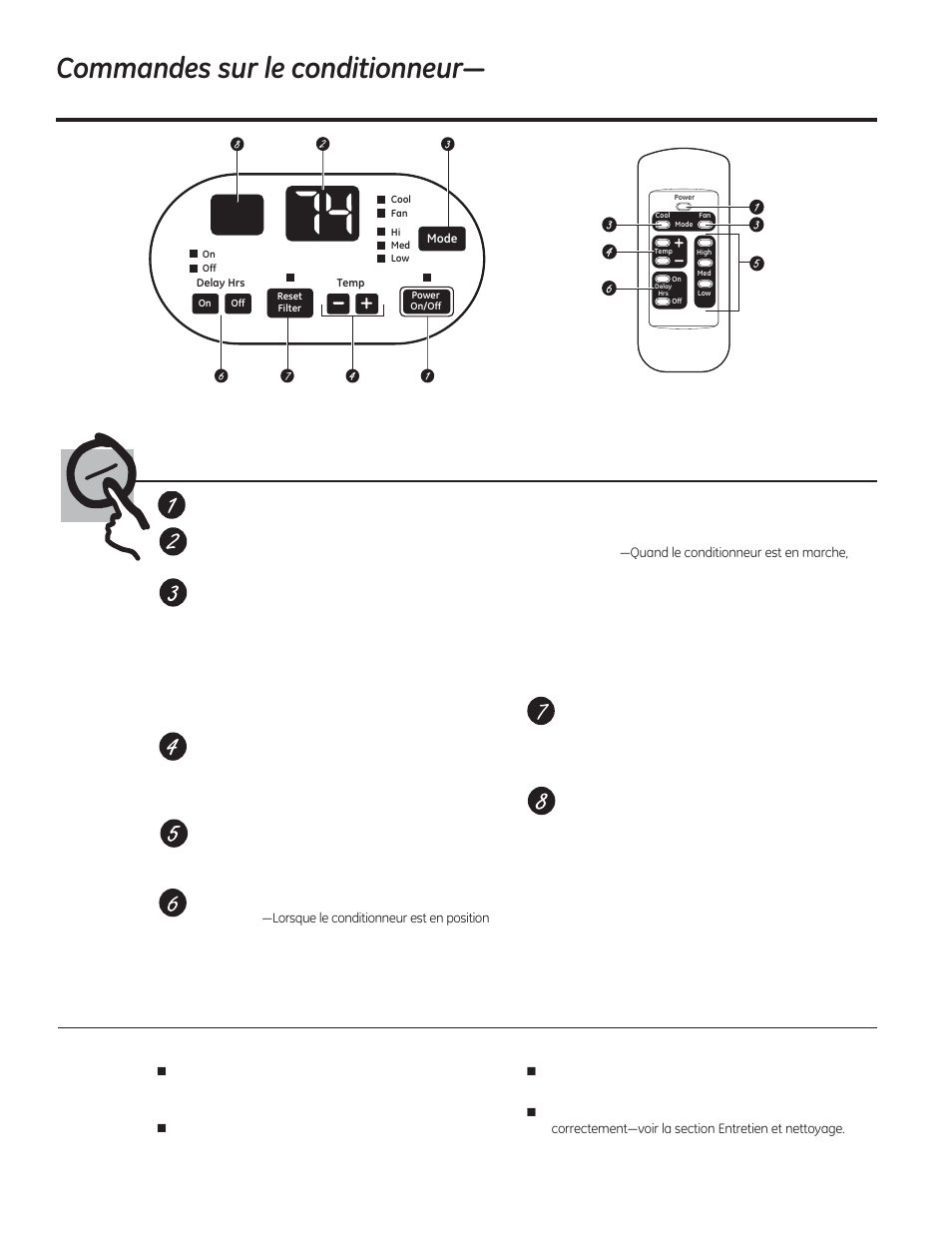 Commandes, Commandes du conditionneur, Télécommande | GE AJCQ08ACF User Manual | Page 24 / 56