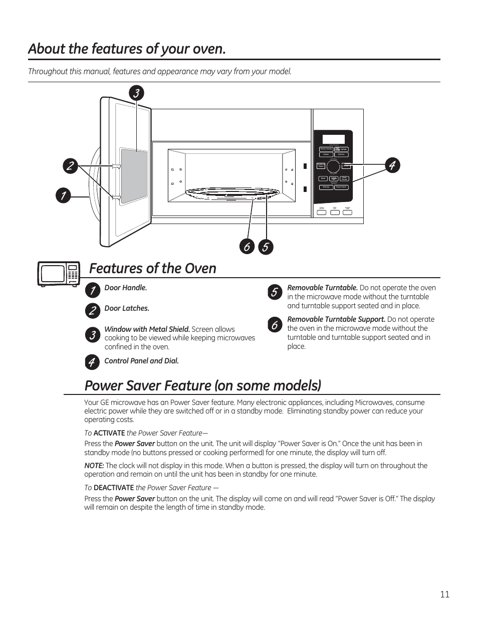 About the features of your oven, Features of the oven, Power saver feature (on some models) | GE PVM9215DFBB User Manual | Page 11 / 60