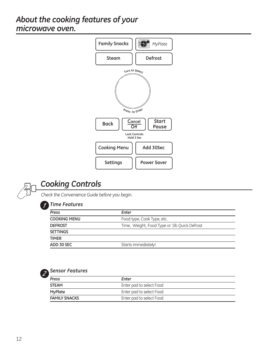 About the cooking features of your microwave oven, Cooking controls | GE PVM9215DFBB User Manual | Page 12 / 60