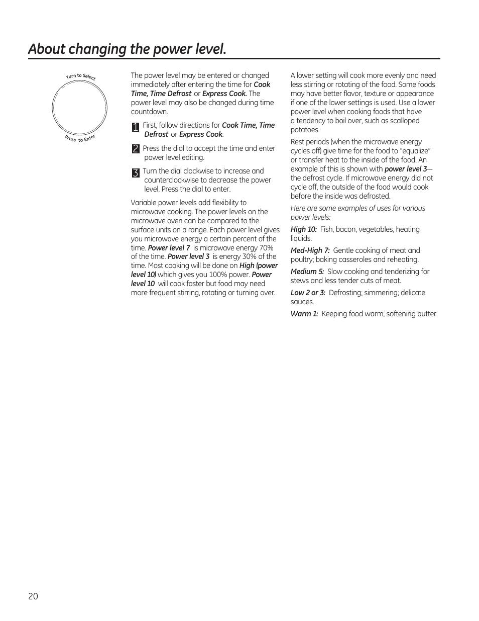 About changing the power level | GE PVM9215DFBB User Manual | Page 20 / 60