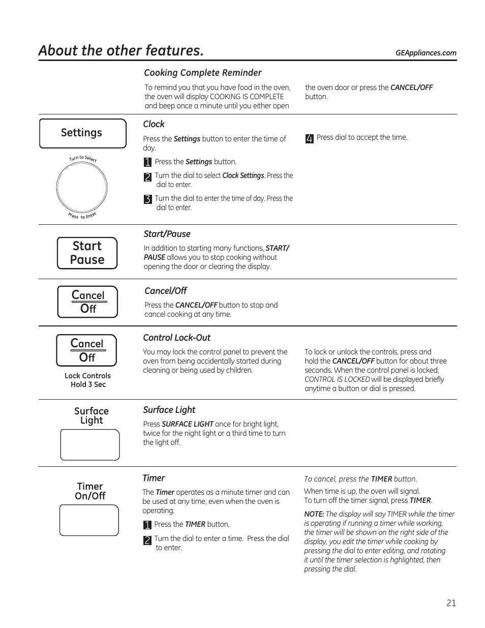 About the other features, Start pause c, Settings | GE PVM9215DFBB User Manual | Page 21 / 60