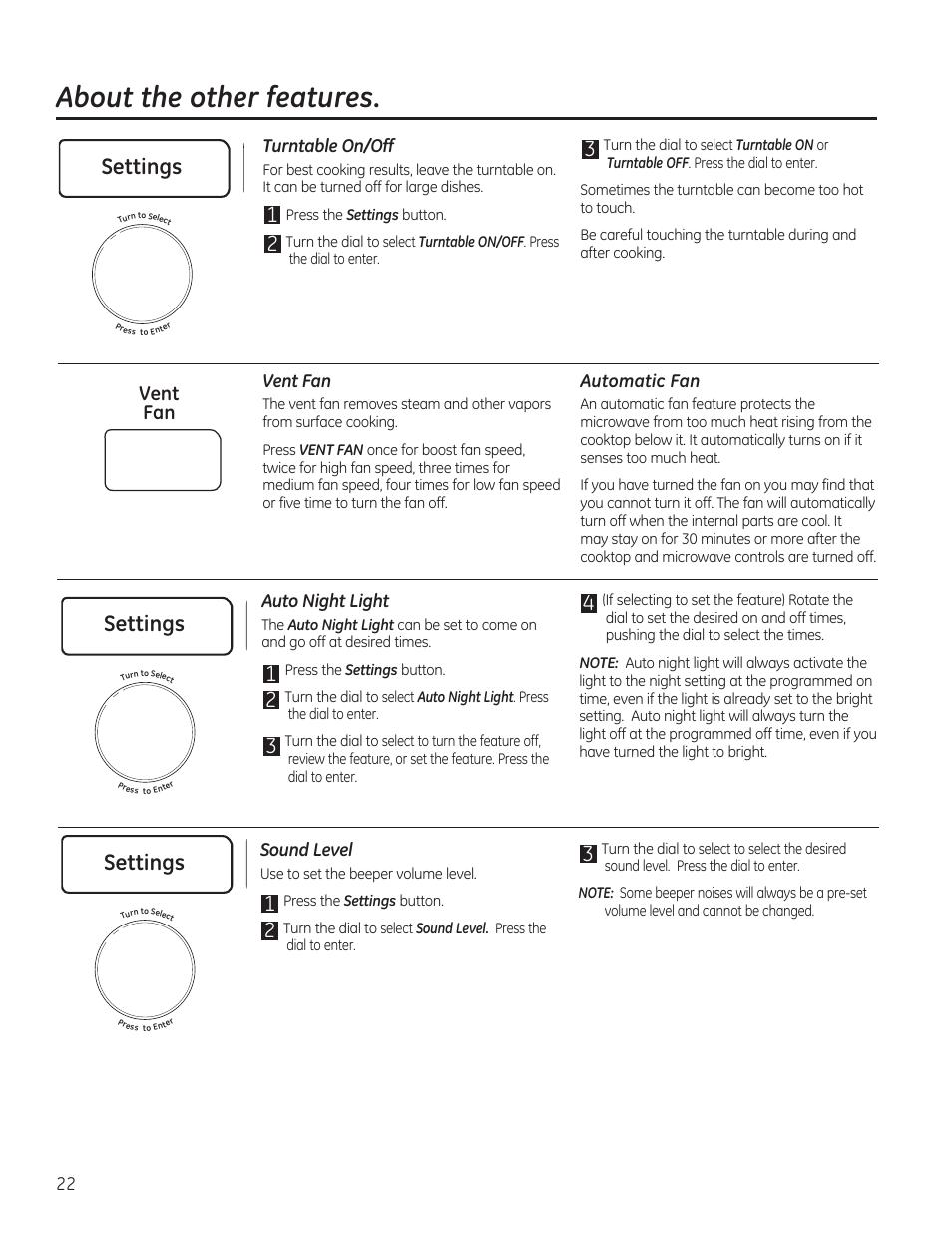 About the other features, Settings, Vent fan | GE PVM9215DFBB User Manual | Page 22 / 60