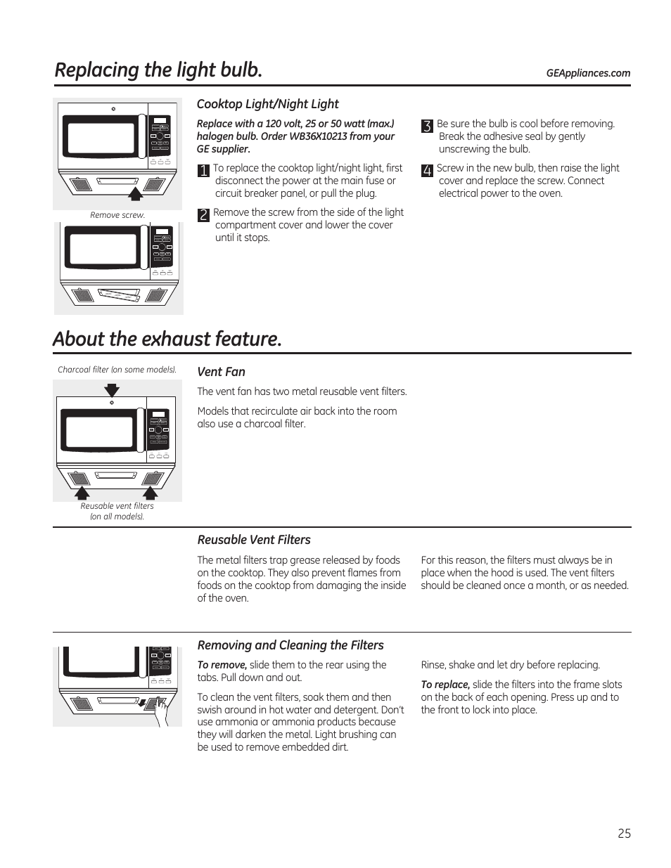 About the exhaust feature, Replacing the light bulb | GE PVM9215DFBB User Manual | Page 25 / 60