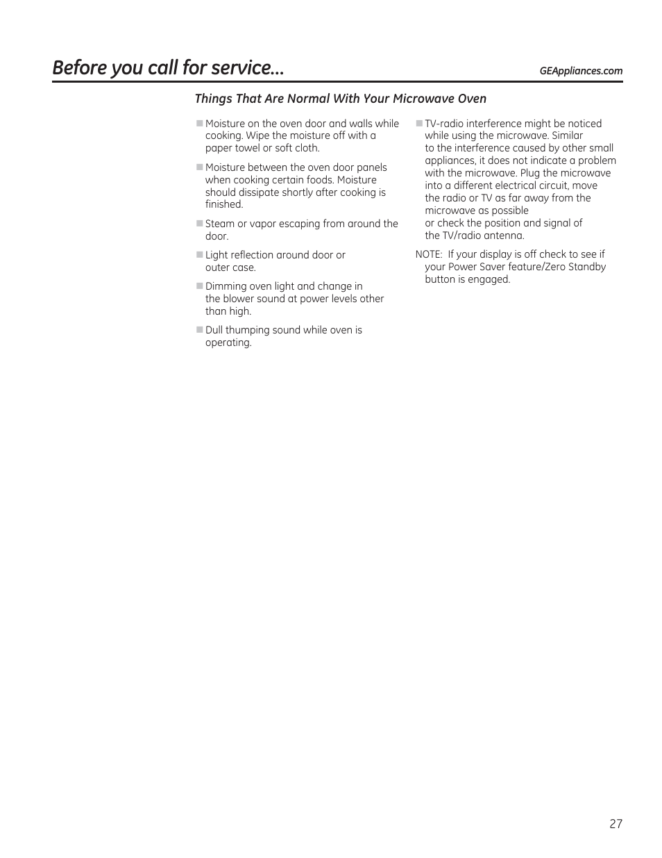 Before you call for service | GE PVM9215DFBB User Manual | Page 27 / 60