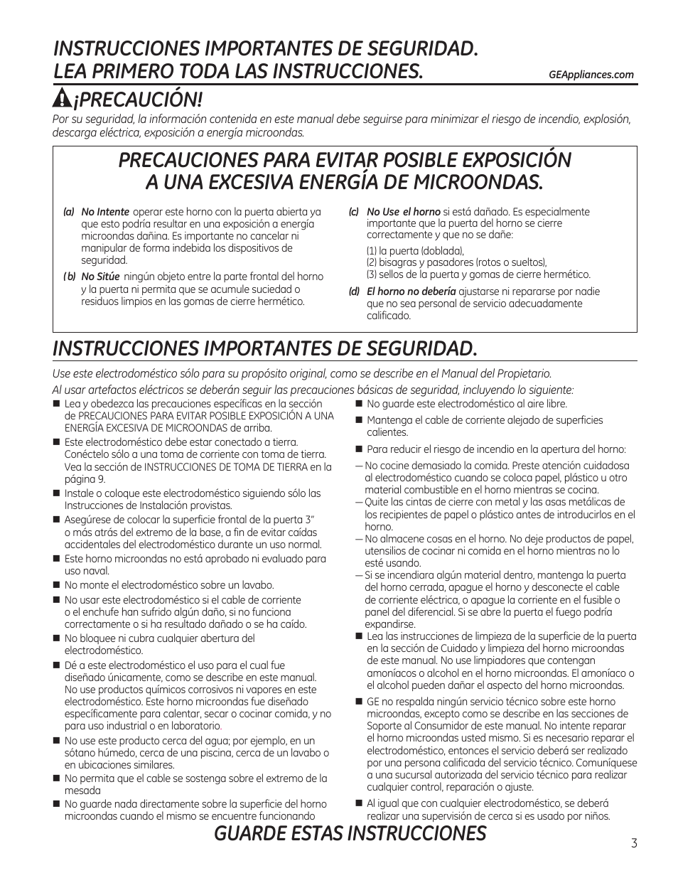 Precaución, Instrucciones importantes de seguridad, Guarde estas instrucciones | GE PVM9215DFBB User Manual | Page 3 / 60