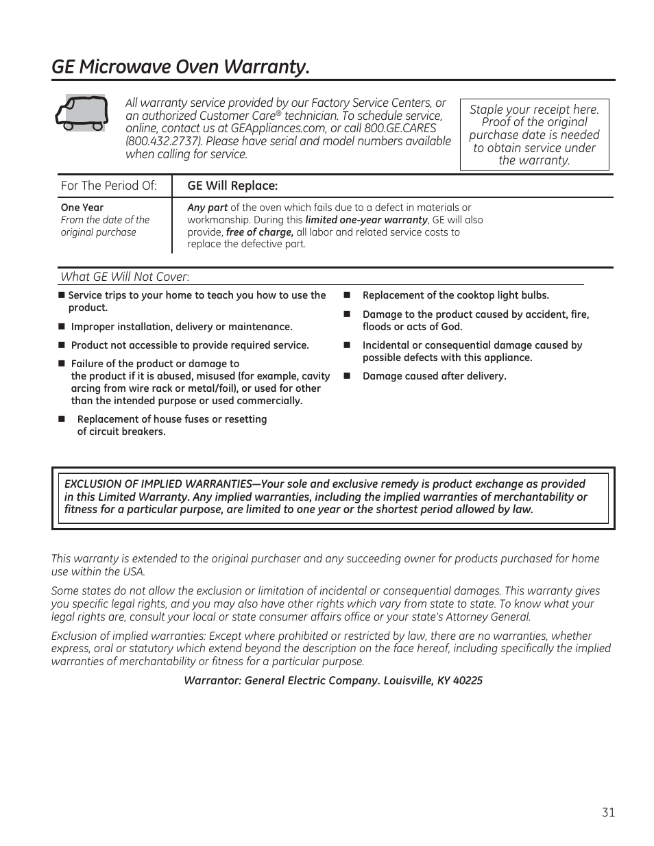 Ge microwave oven warranty | GE PVM9215DFBB User Manual | Page 31 / 60