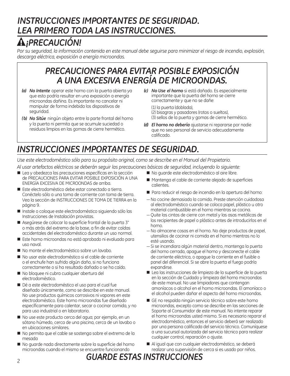 Precaución, Instrucciones importantes de seguridad, Guarde estas instrucciones | GE PVM9215DFBB User Manual | Page 34 / 60