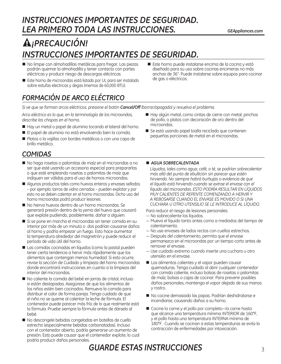 Guarde estas instrucciones, Precaución, Instrucciones importantes de seguridad | Formación de arco eléctrico comidas | GE PVM9215DFBB User Manual | Page 35 / 60