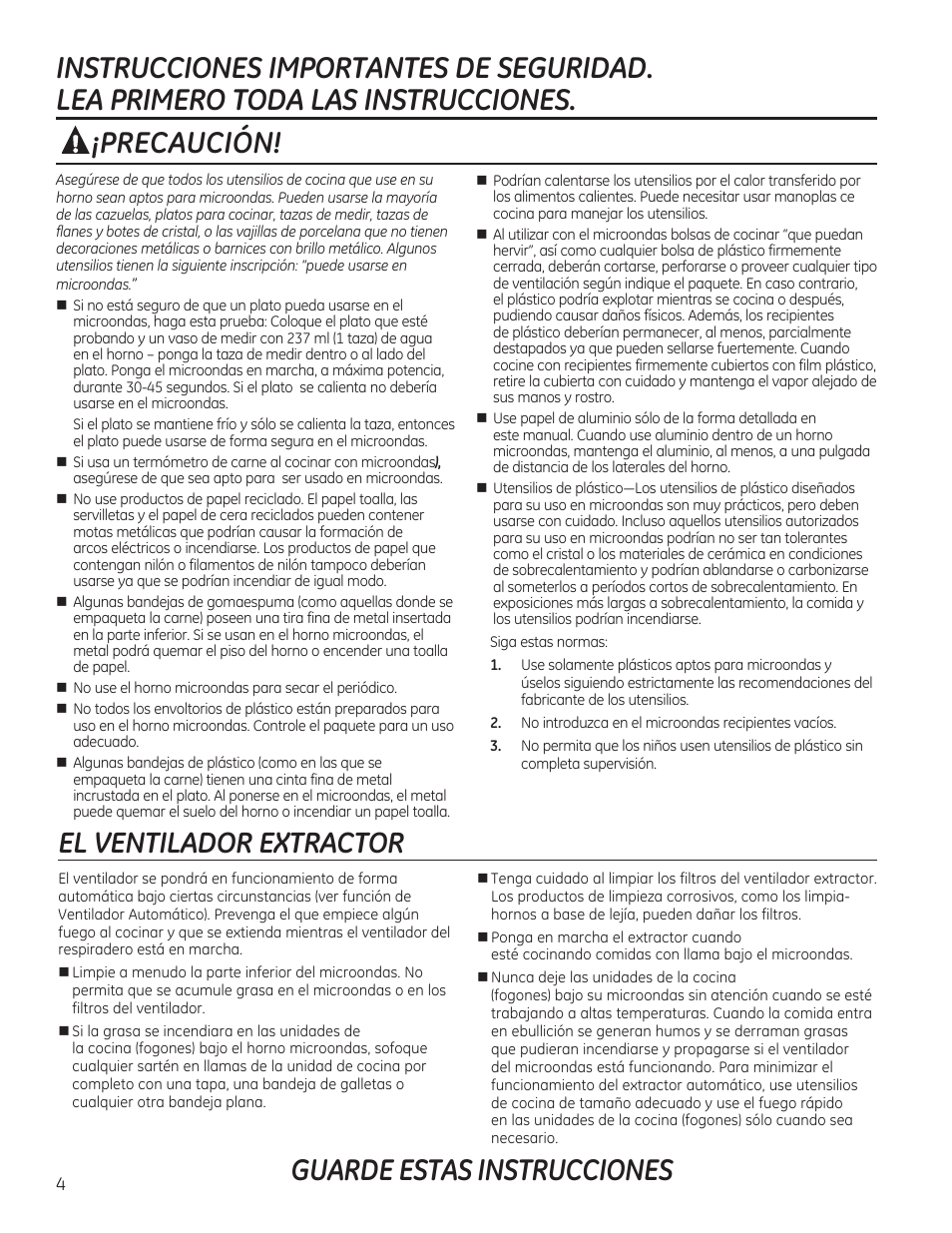 Guarde estas instrucciones, Precaución, El ventilador extractor | GE PVM9215DFBB User Manual | Page 36 / 60