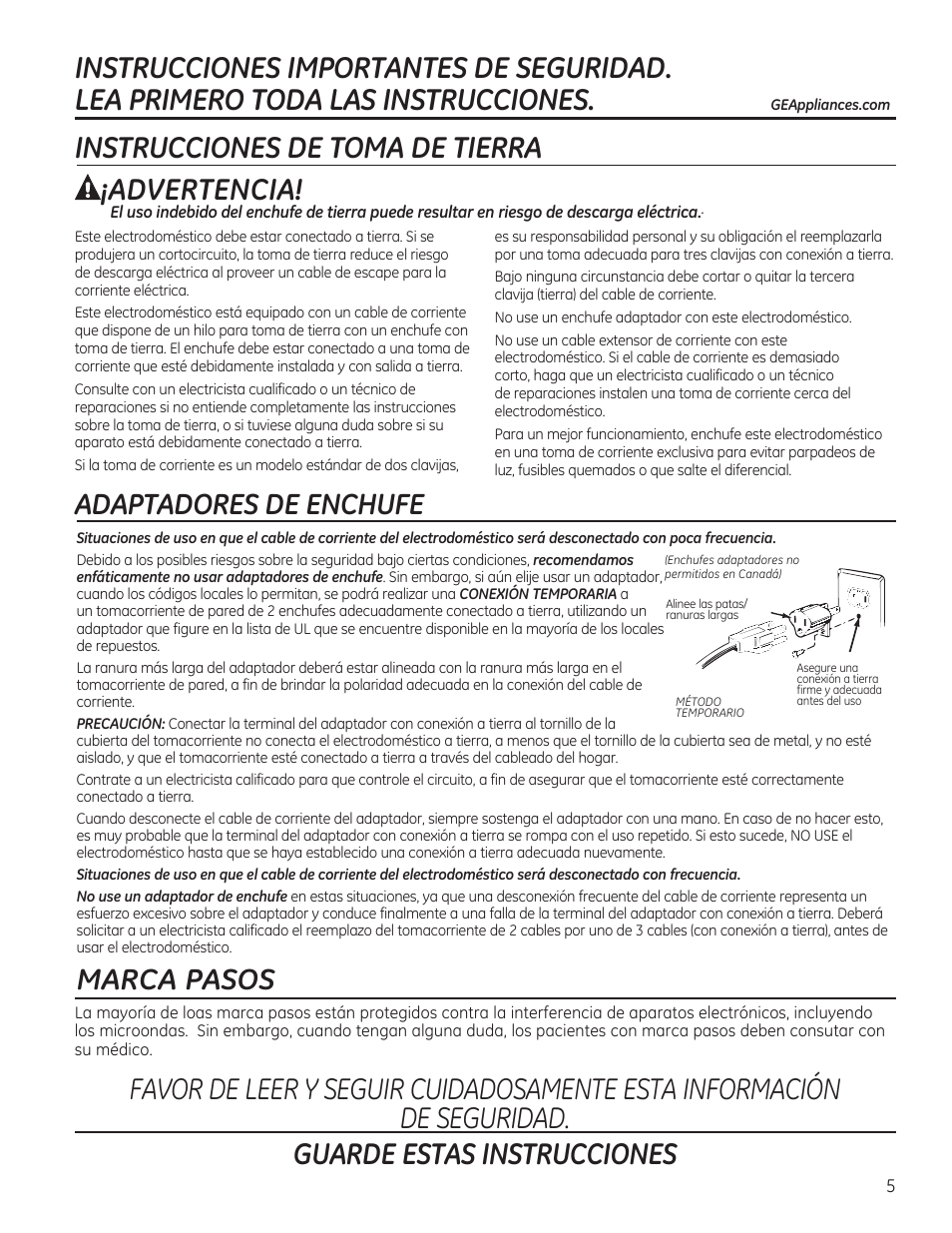 Instrucciones de toma de tierra, Advertencia, Adaptadores de enchufe | Marca pasos | GE PVM9215DFBB User Manual | Page 37 / 60