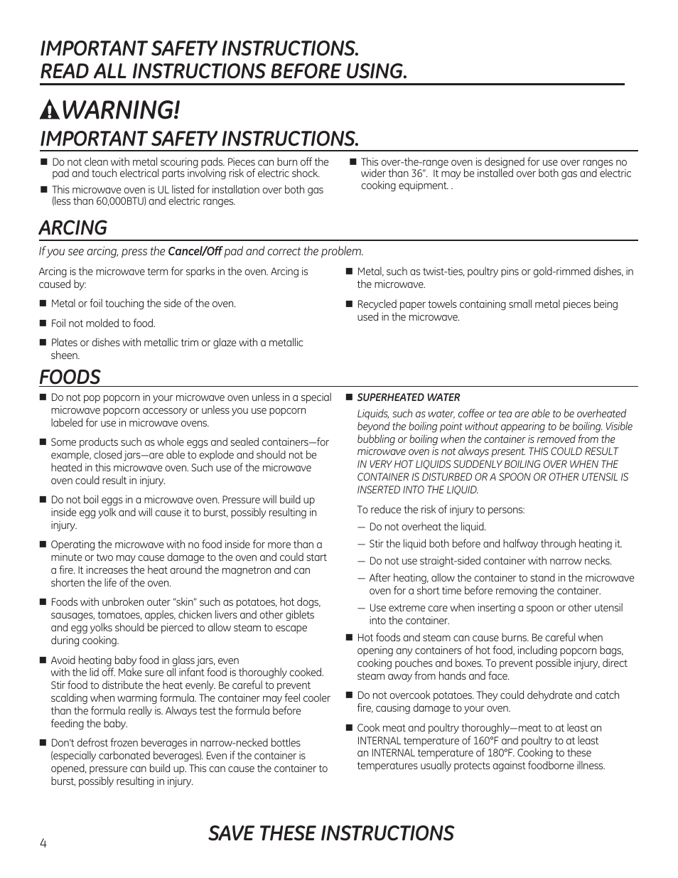 Warning, Save these instructions, Important safety instructions | Arcing, Foods | GE PVM9215DFBB User Manual | Page 4 / 60