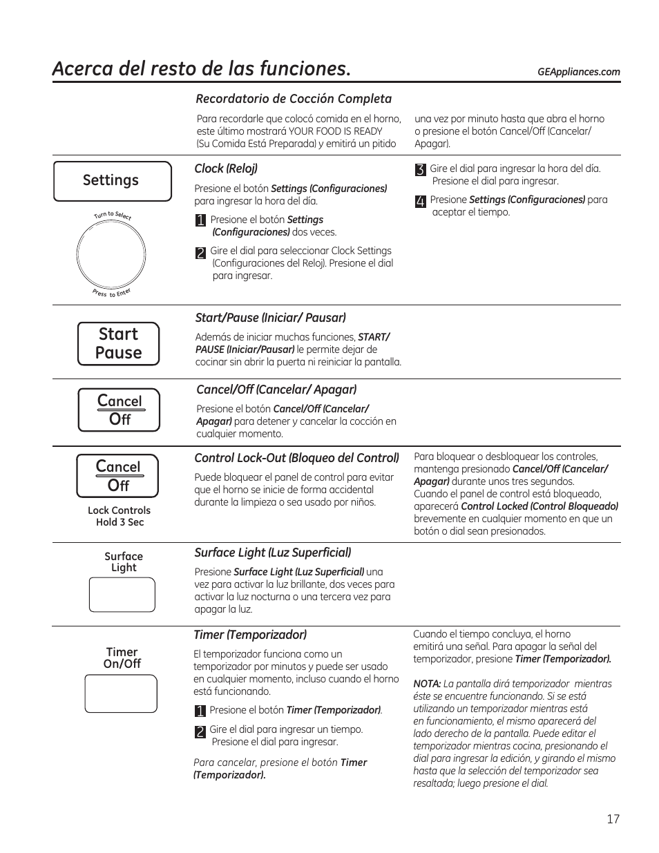 Acerca del resto de las funciones, Start pause c, Settings | GE PVM9215DFBB User Manual | Page 49 / 60