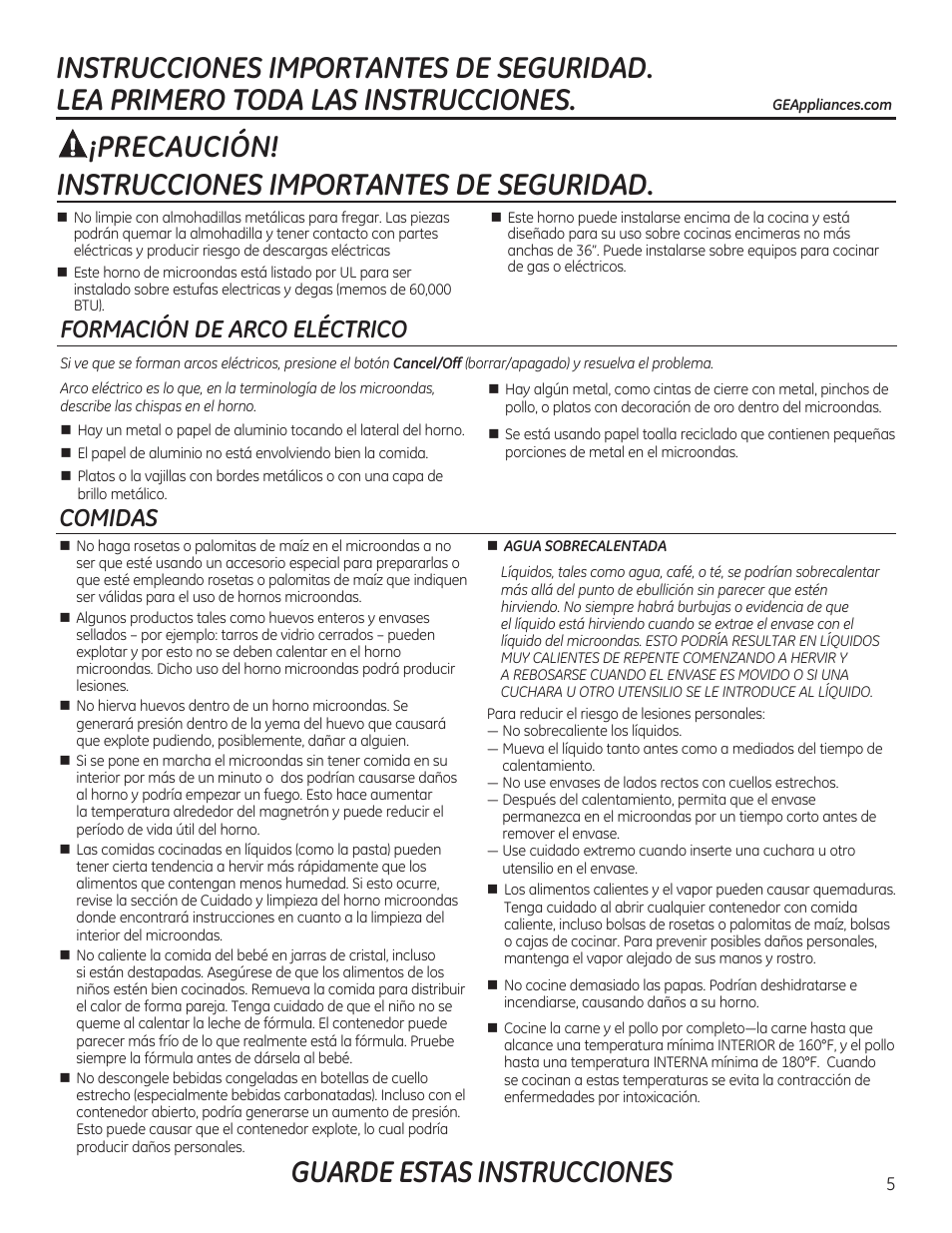 Guarde estas instrucciones, Precaución, Instrucciones importantes de seguridad | Formación de arco eléctrico comidas | GE PVM9215DFBB User Manual | Page 5 / 60