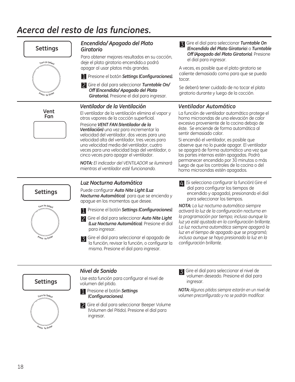 Acerca del resto de las funciones, Settings | GE PVM9215DFBB User Manual | Page 50 / 60