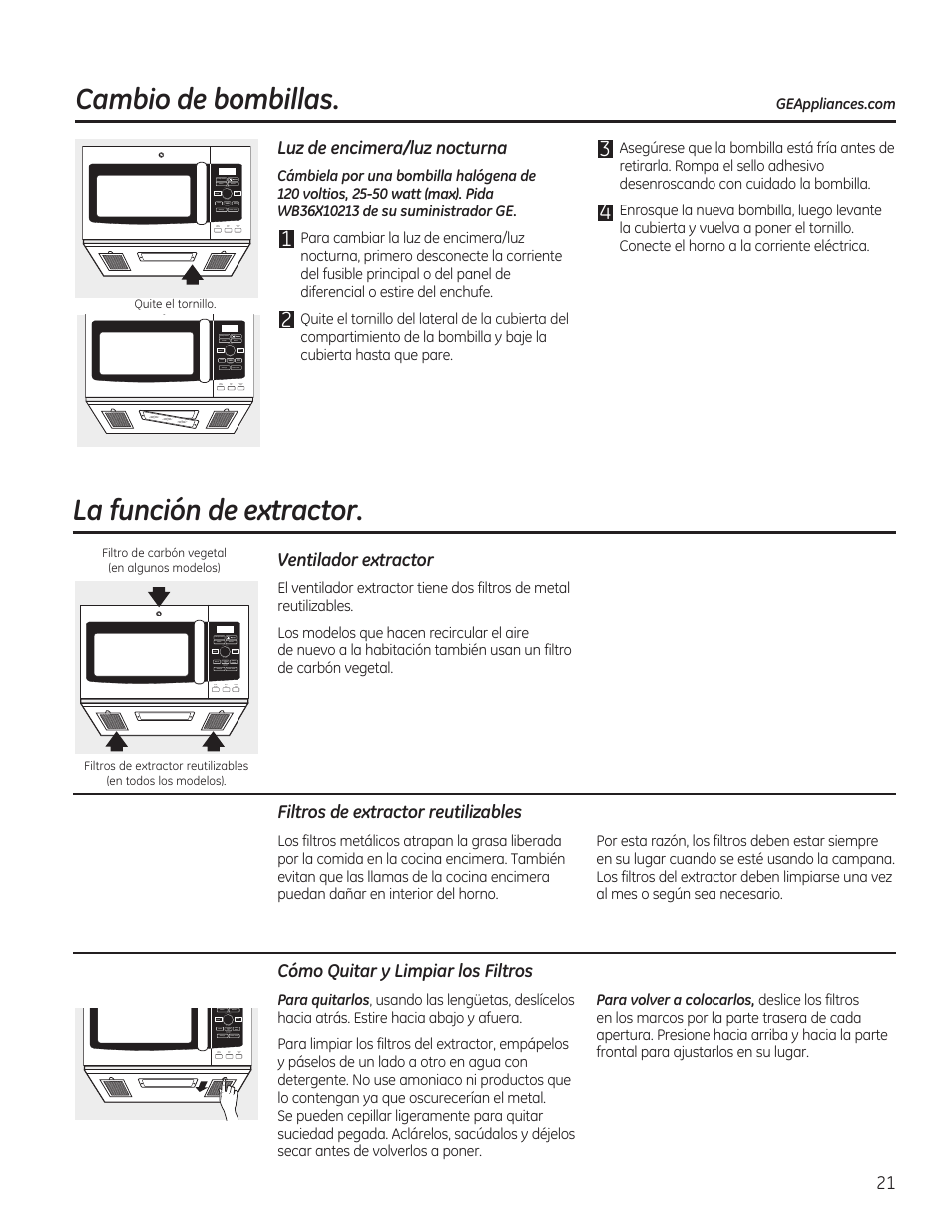 La función de extractor, Cambio de bombillas | GE PVM9215DFBB User Manual | Page 53 / 60