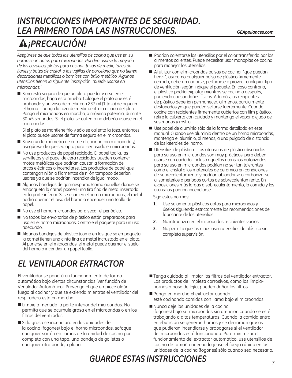 Guarde estas instrucciones, Precaución, El ventilador extractor | GE PVM9215DFBB User Manual | Page 7 / 60