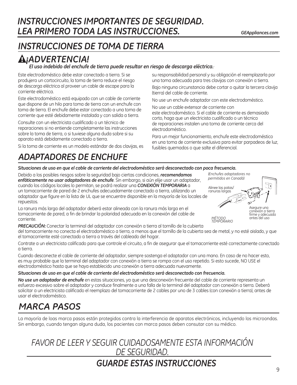 Instrucciones de toma de tierra, Advertencia, Adaptadores de enchufe | Marca pasos | GE PVM9215DFBB User Manual | Page 9 / 60